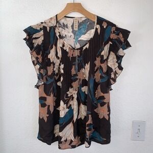 Dolan Womens 100% Silk Floral Flutter Sleeve Pleated Blouse Brown Peach Size M